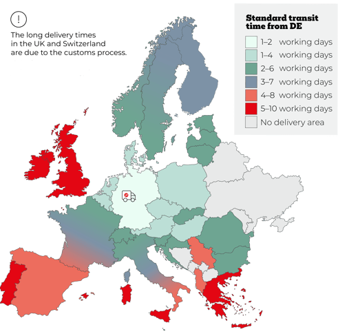 Europakarte mit Lieferzeiten Cargoboard_eng